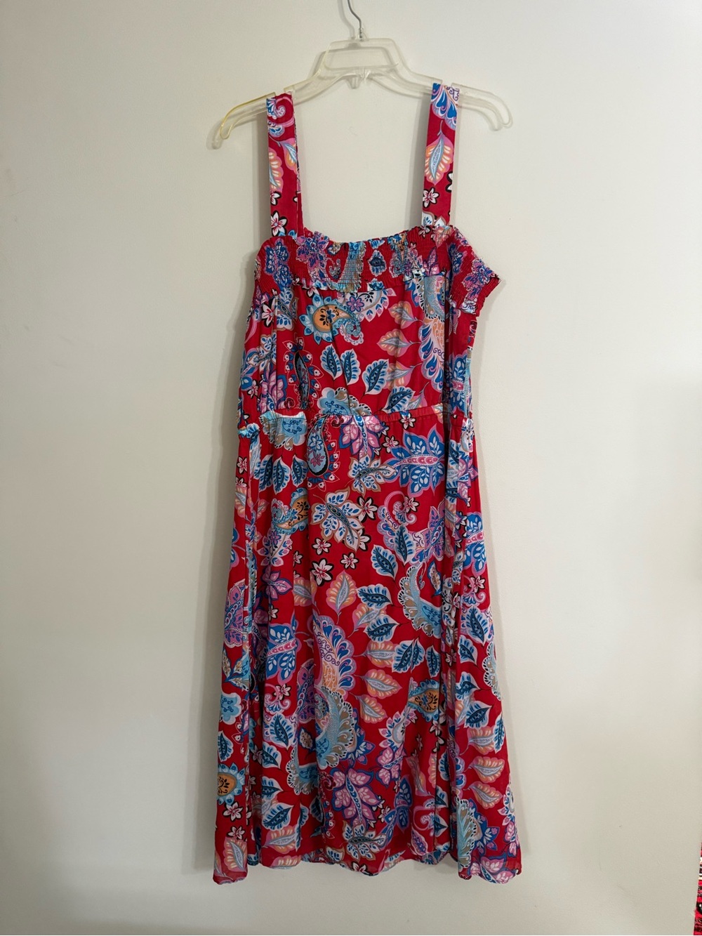 Talbots Plus Square Neck Midi Dress 14W Red Paisley Floral Smocked Bodice - Picture 6 of 8